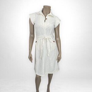 Vintage 70s Small White Speckled Dress With Belt‎ & Wooden Toggle Accents Casual